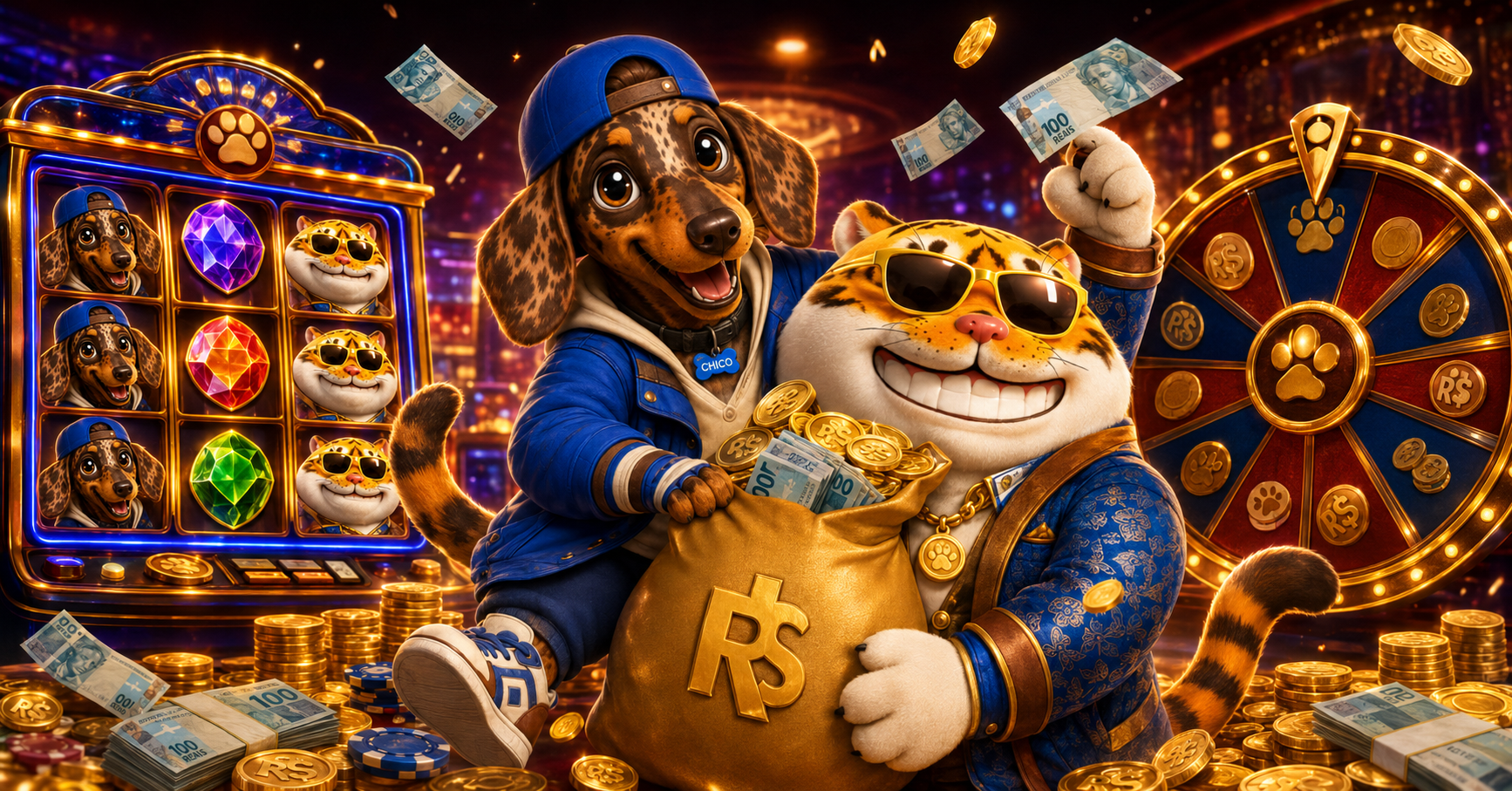 Chico e o Tigre — mascotes do CHICO PIX cercados por moedas e prêmios